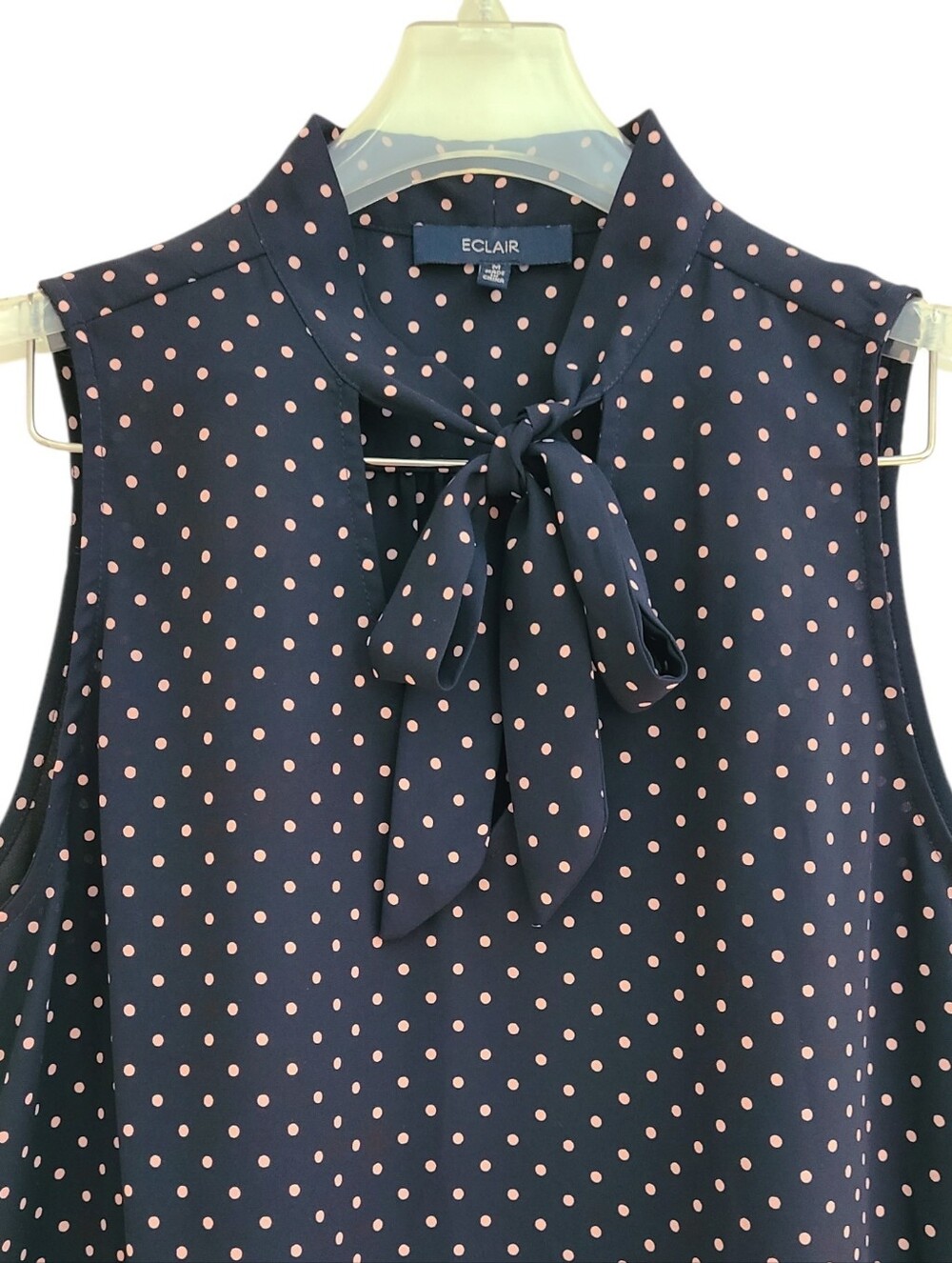 ​Eclair Navy & Pink Polka Dot Tie Neck Sleeveless Blouse M